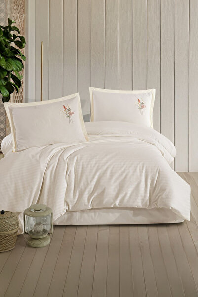 Clasy Panna Ecru Single 100% Cotton Striped Duvet Cover Set