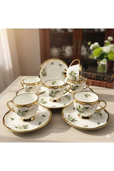 decovien Deco Vi̇en Orchid Pattern Porcelain Coffee Cup Set
