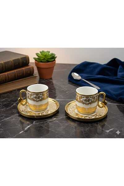decovien Deco Vi̇en Vi̇ntage Gold 2-Piece Porcelain Coffee Cup Set