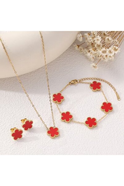 Choice Red IFYOUOO Lucky Five-Leaf Clover Bracelet Necklace Earring Set Fashi...