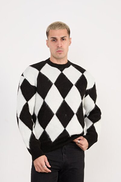 İLKCET MODA Ανδρικό πλεκτό πουλόβερ με σχέδιο μπακλαβά, oversized