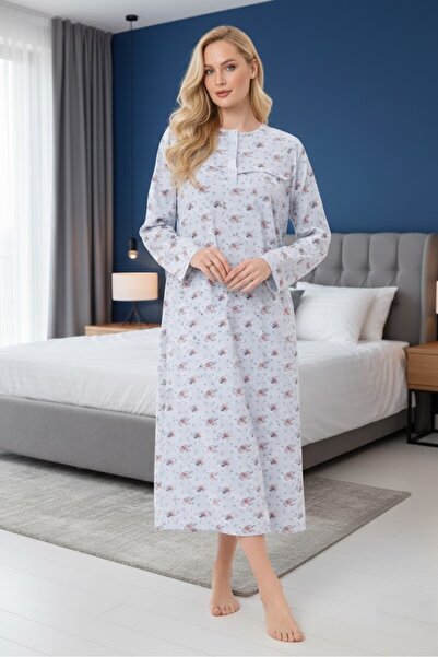 Lohussa Women's Blue Crew Neck Floral Patterned Long Sleeve Plus Size (Oversi...