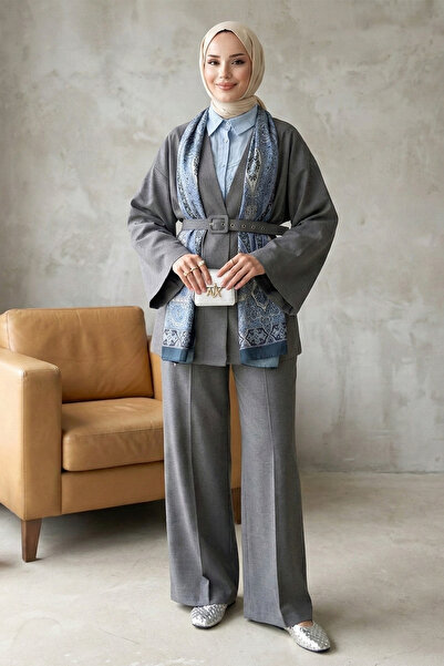 Kirazgym Women's Belted Pants Kimono Double Set - Smoked