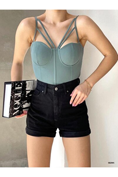 Modafeminen قماش كريب بحزام رفيع CROP 582495 KOYU MİNT