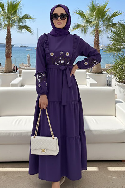 N.S NEVA STYLE Patterned Purple Hijab Dress 10327Mor