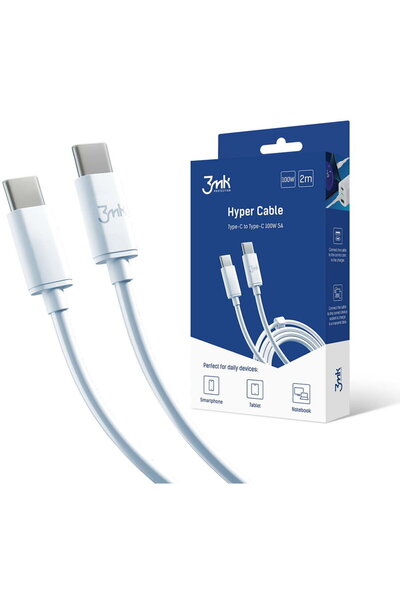 3MK Cablu USB-C, 100W, 5A, 2m - Hyper - Alb