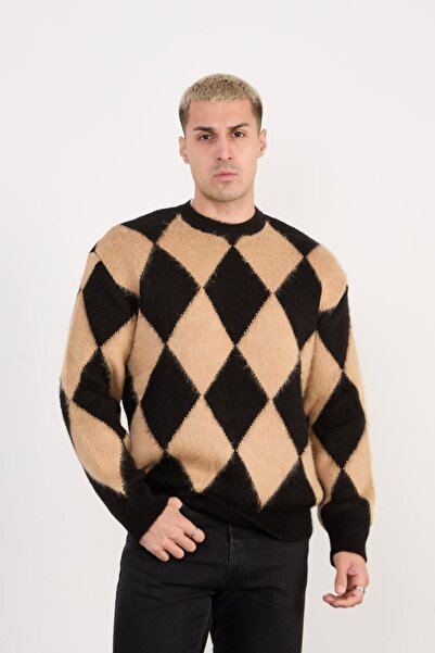 İLKCET MODA Men's Diamond Patterned Knitwear Oversize Sweater