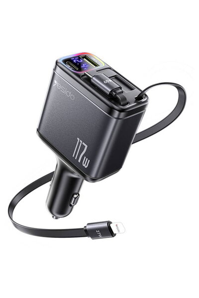 Yesido 1x USB-A + 1x USB-C cu afișaj LED cabluri retractabile 117W Negru