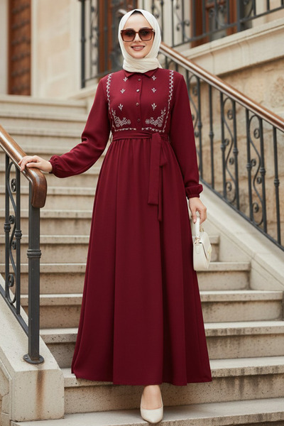 N.S NEVA STYLE Pattern Detailed Burgundy Hijab Dress 10304Br