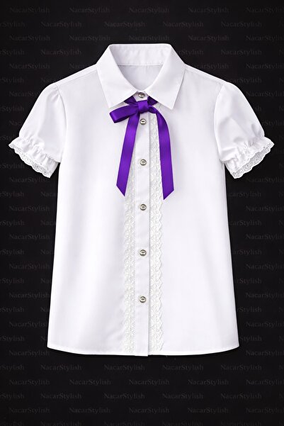 Nacar Kız Çocuk 23 Nisan 29 Ekim Gösteri Fiyonk ve Dantel Detaylı Gömlek - 23...