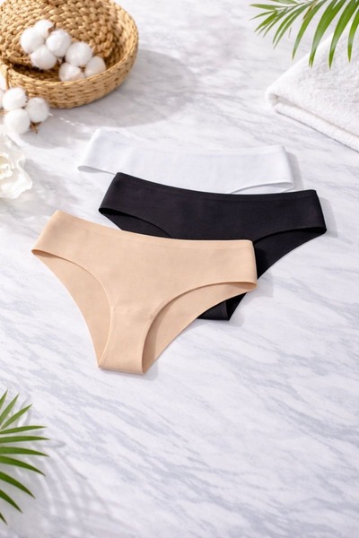 HK Underwear Lazer Kesim Bikini Külot – 3’lü Set (Beyaz · Siyah · Ten)