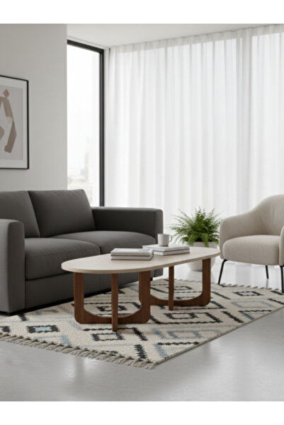 BEC13 طاولة قهوة خشبية بيضاوية مودرن - سطح خشبي واسع وقاعدة هندسية مزدوجة