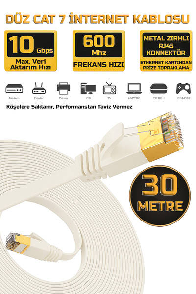 Gold Step 30 Metre BEYAZ Yassı Cat 7 Ethernet Kablosu 10 Gigabit/S 600 Mhz Pr...