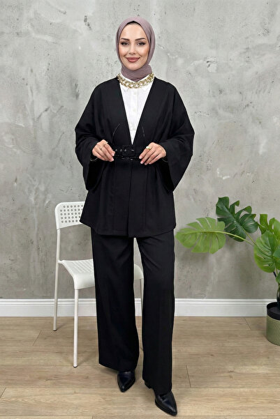 Kirazgym Women's Belted Pants Kimono Double Set -Black