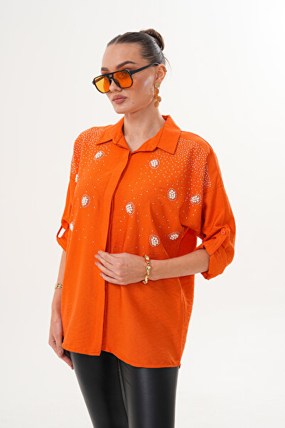 ZENA BY ÇETİN LEVENT Pearl Stone Embellished Look Casual Loose Fit Women's Shirt