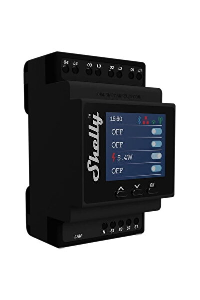 Shelly Relay 4Pro PM, 4 canale 110–240 V Wi‑Fi Negru