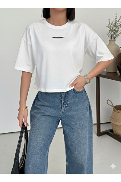 moda paketi Trustyourself Printed Crop T-Shirt – Oversized Fit, Short Sleeve ...