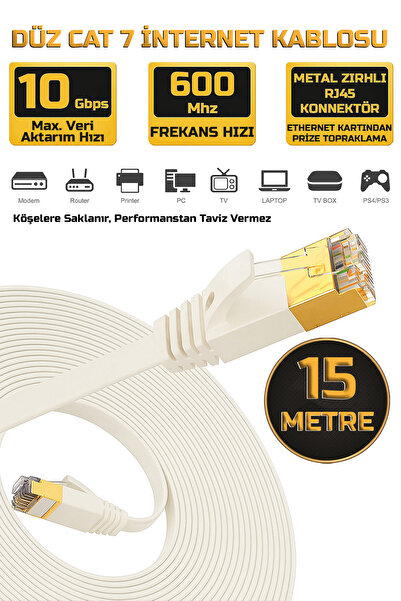 Gold Step 15 Metre BEYAZ Yassı Cat 7 Ethernet Kablosu 10 Gigabit/S 600 Mhz Pr...