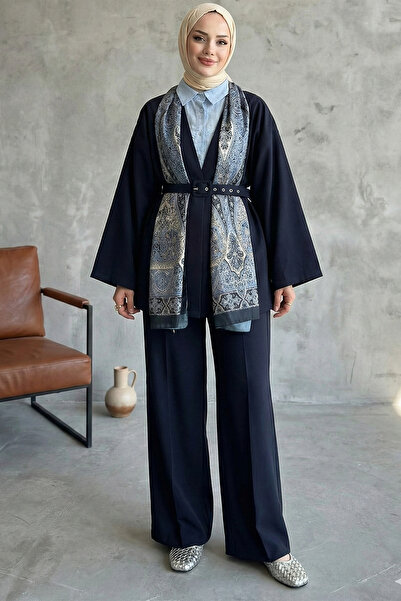 Kirazgym Women's Belted Pants Kimono Double Set - Navy Blue