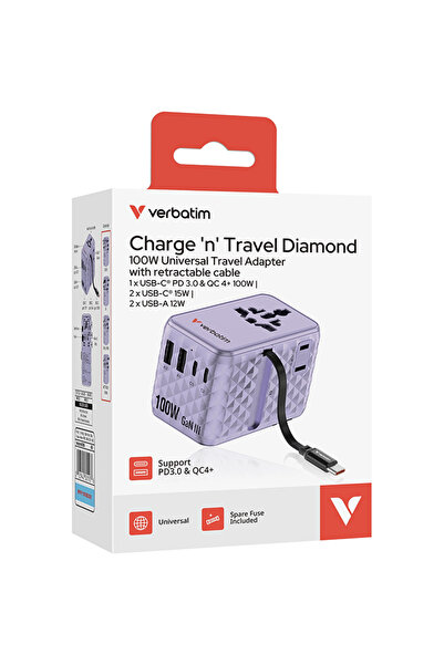 Verbatim Cablu GaN retractabil USB-C 2x USB-A + 2x USB-C PD 3.0 QC4 100W Violet