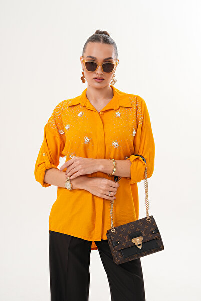 ZENA BY ÇETİN LEVENT Pearl Stone Embellished Look Casual Loose Fit Women's Shirt