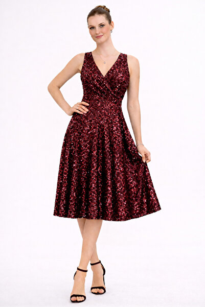 RURIS Kadın Bordo Kadife Pul Payetli Kruvaze Yaka Kloş Midi Abiye Elbise