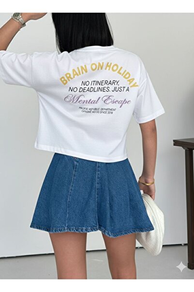 moda paketi Brain on Holiday Printed Crop T-Shirt – Oversized Cut, Back Print...