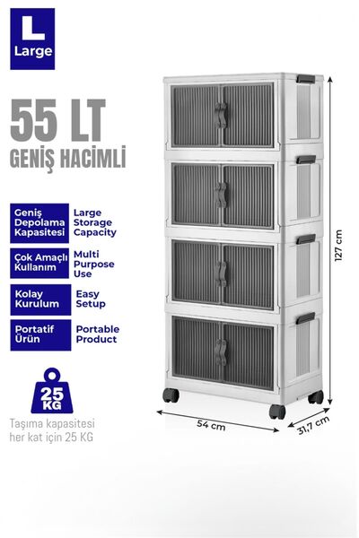 Bayev Beyaz 4'lü Portatif Katlanabilir Dolap 3003 - Organizer Tekerlekli Dola...
