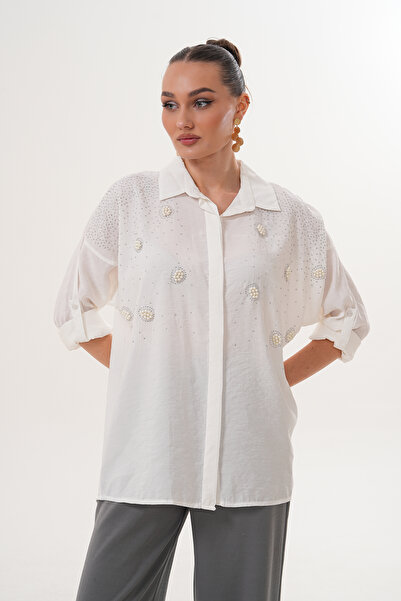 ZENA BY ÇETİN LEVENT Pearl Stone Embellished Look Casual Loose Fit Women's Shirt