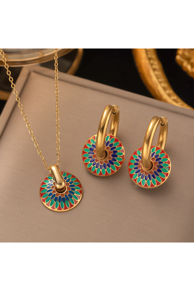 Choice طقم عقد وأقراط من الفولاذ المقاوم للصدأ بتصميم عتيق مطلي باللون الذهبي...