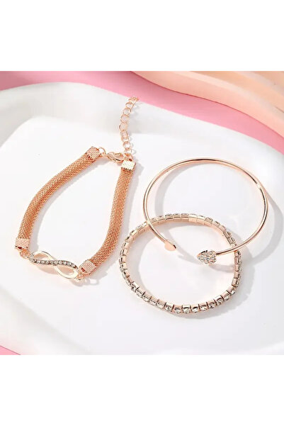 Choice طقم أساور ذهبية وردية اللون مكون من 3 قطع، مرصعة بأحجار الراين الكريست...