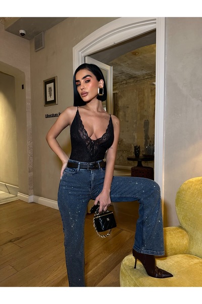 Ağgez Women's Stoned High Waist Palazzo Fit Jeans