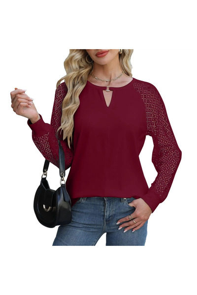 NANYUAYA Γυναικεία μπλούζα, κομψή λαιμόκοψη V, Δαντέλα μανίκια, Βαμβάκι