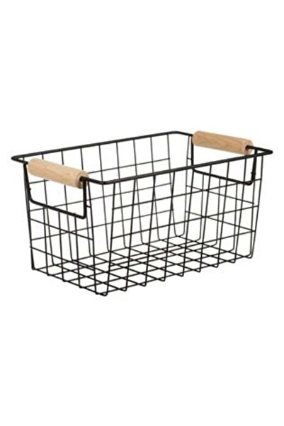 SHOPIENS Black Metal Basket with Wooden Handles 24.5 x 15.5 x 13 cm