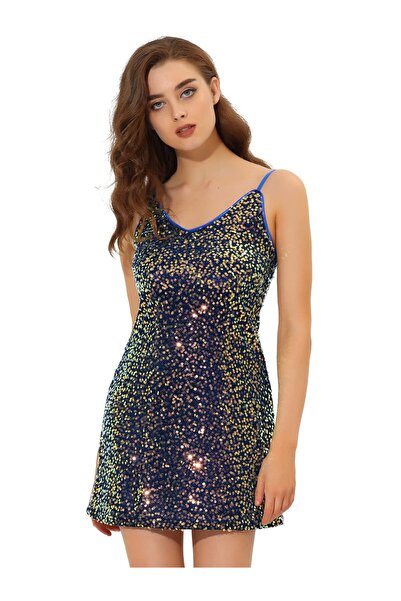 Allegra K Φόρεμα με παγιέτες, αμάνικο, V ντεκολτέ, λεπτές τιράντες, μεταλλικό...