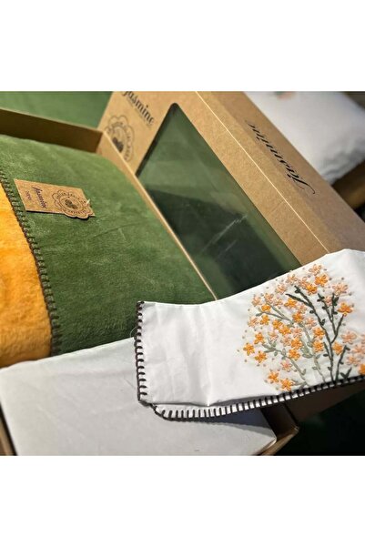 Akbel Halı Nakışlı Battaniye Takımı Çınar Haki- Sarı Çift Kişilik