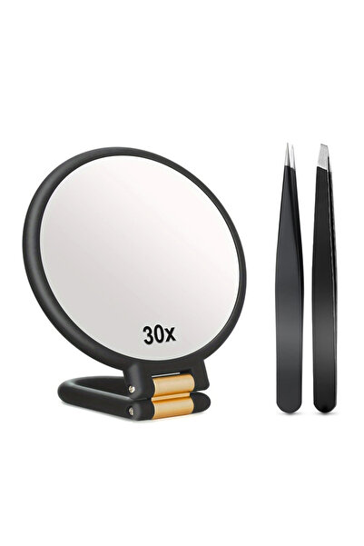 Choice مرآة يد سوداء اللون مزودة بملقط، مكبرة 30 مرة، قابلة للطي على الوجهين،...