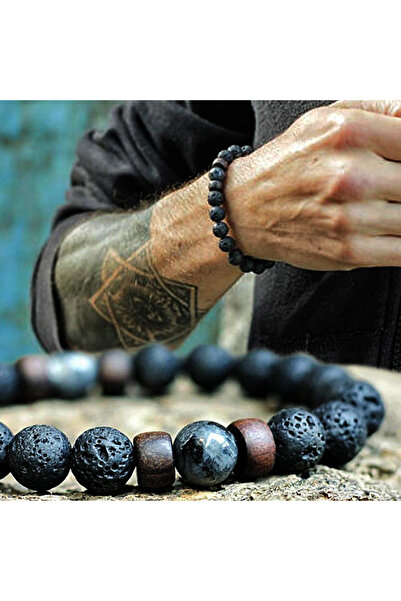 Choice سوار رجالي بسيط وأنيق من الخرز الخشبي والحجر البركاني الطبيعي، لون واحد.