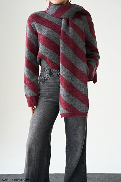 AURACOLLECTION BORDO ÇİZGİLİ ATKILI KAZAK