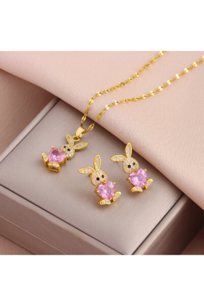 Choice 6097 pink New 316L Stainless Steel Cute Zircon Rabbit Necklaces Earrin...