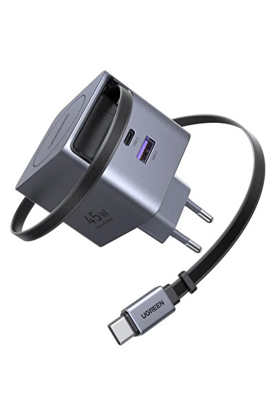 Ugreen 45W, GaN Fast Charger, USB-C, USB-A, Cablu Retractabil incorporat, Gri