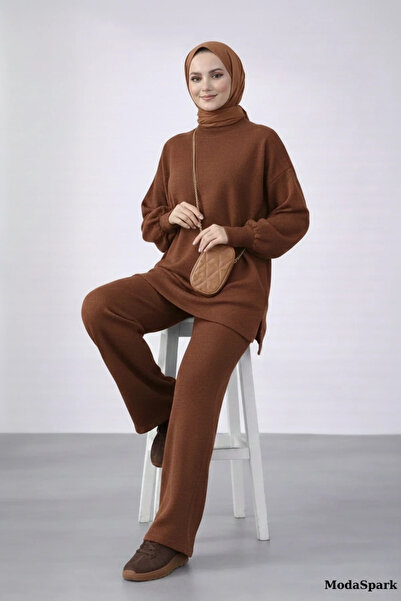 bysoca Women's Brown Balloon Sleeve Half Turtleneck Tunic Wide Leg Pants 2-Pi...