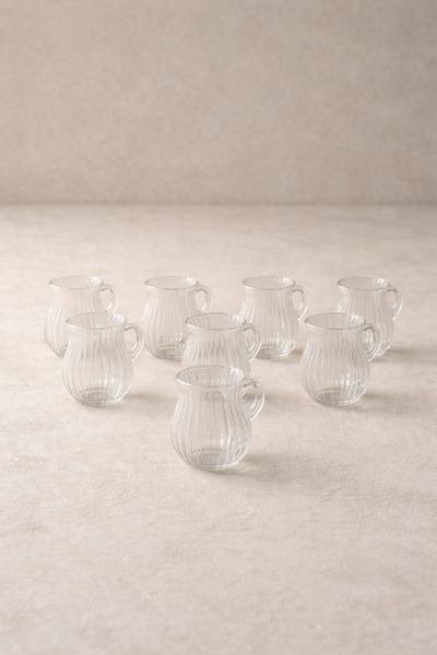 Kitchen Way Set of 8 200 ml Borosilicate Glass Cups with Handles and Line Patterned Diamond Glass, Heat Resistant Transparent Kw-728