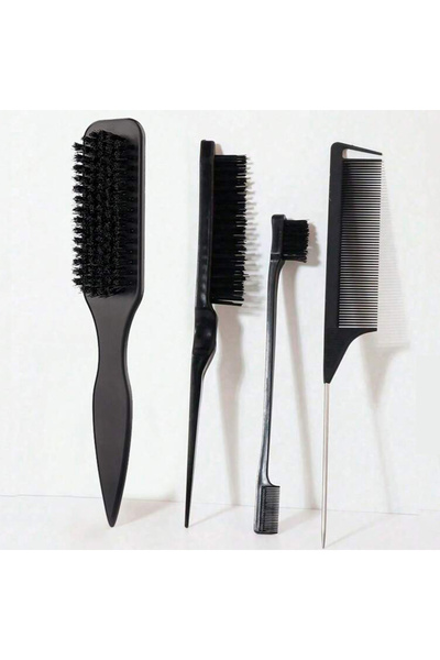 Choice طقم أسود مكون من 4 قطع: فرشاة شعر ذات رأس مدبب، مشط شعر ذو رأس مسطح، م...
