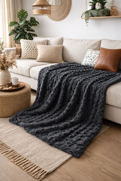 YÜNTEKS غطاء كرسي من ريش الأرانب من سارار، شال كرسي، بطانية 175*215، أنثراسيت