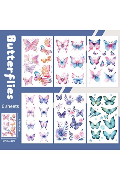 Choice CK-01-10-11-12-13-14 6 قطع وشم مؤقت لامع متدرج على شكل فراشة حالمة، مق...