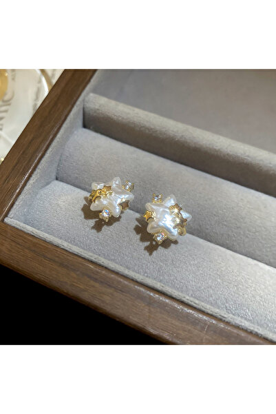 Choice Star 14k Gold Plated Imitation Pearl Star Ear Studs Fashionable Sweet ...