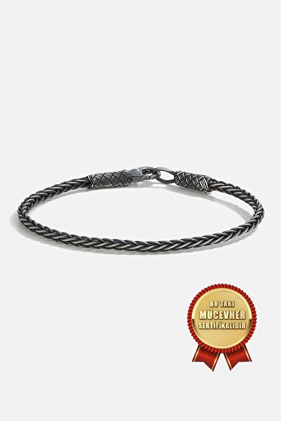 MEKS JEWELS 925 Ayar Gümüş Kazaz El İşi Siyah Oksitli Örgü Erkek Bileklik