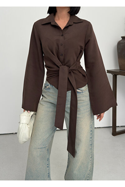 AYKA WEAR Women's Burgundy Spanish Sleeve Tie Waist Belted Shirt Pearl