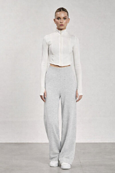 RAMİOR COLLECTION Light Gray High Waist Wide Leg Knitwear Trousers